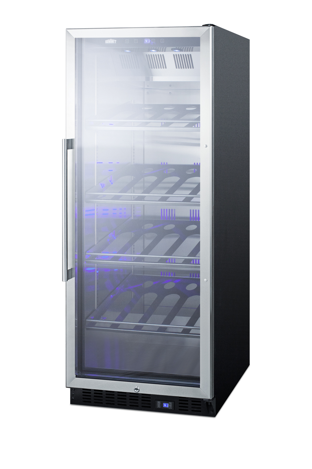 Full-size commercially listed wine cellar with stainless steel interior, champagne shelving, digital controls, self-closing glass door, and black cabinet